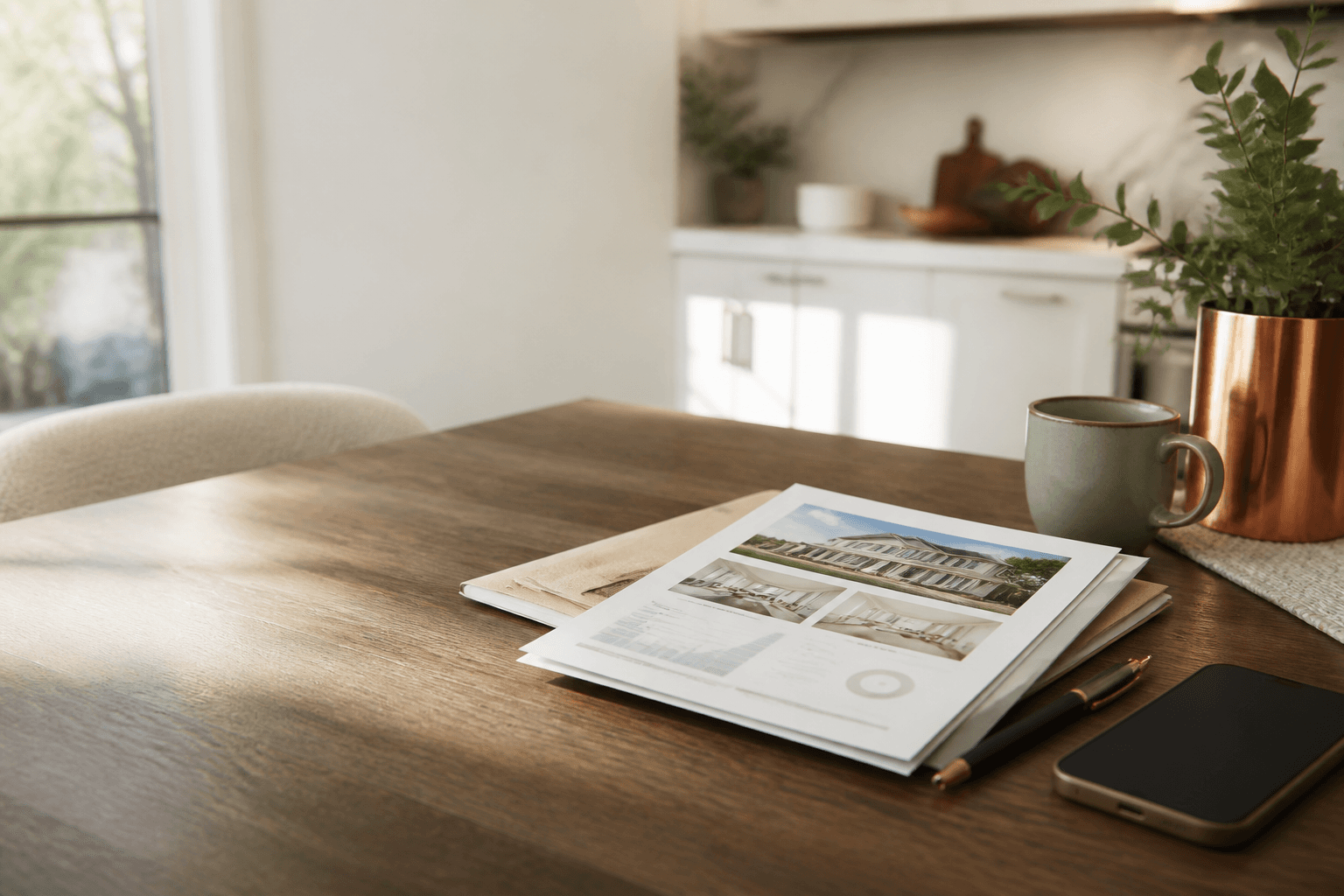 A prepared weekly property brief on a kitchen table.